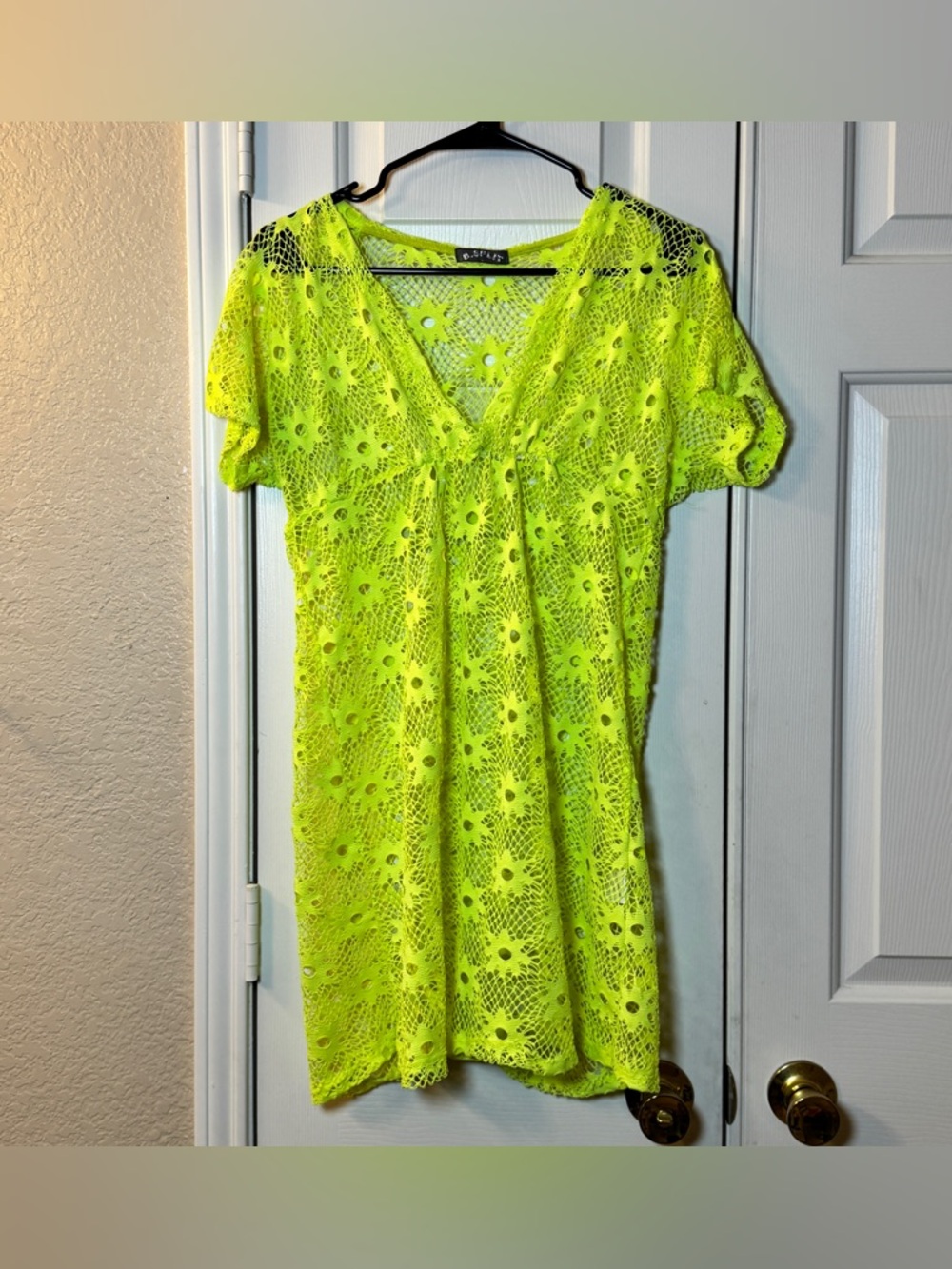 Neon Yellow B.Split Women’s Floral Crochet Beach Pull On Cover-Up Dress Size